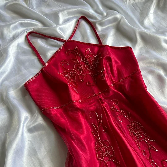 Beautiful Red Satin Tulle Beaded A Line Long Birthday Party Dress Evening Gown Y9746