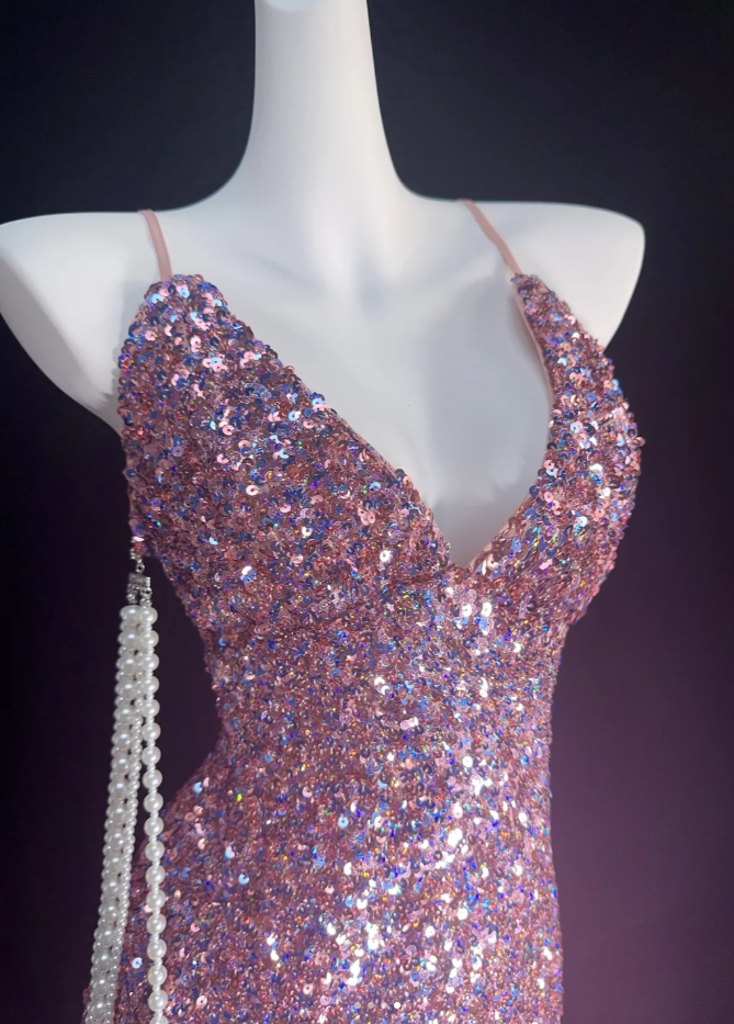 Glitter Pink Spaghetti Straps Sequin Sheath Homecoming Dress Short Birthday Outfits SP348