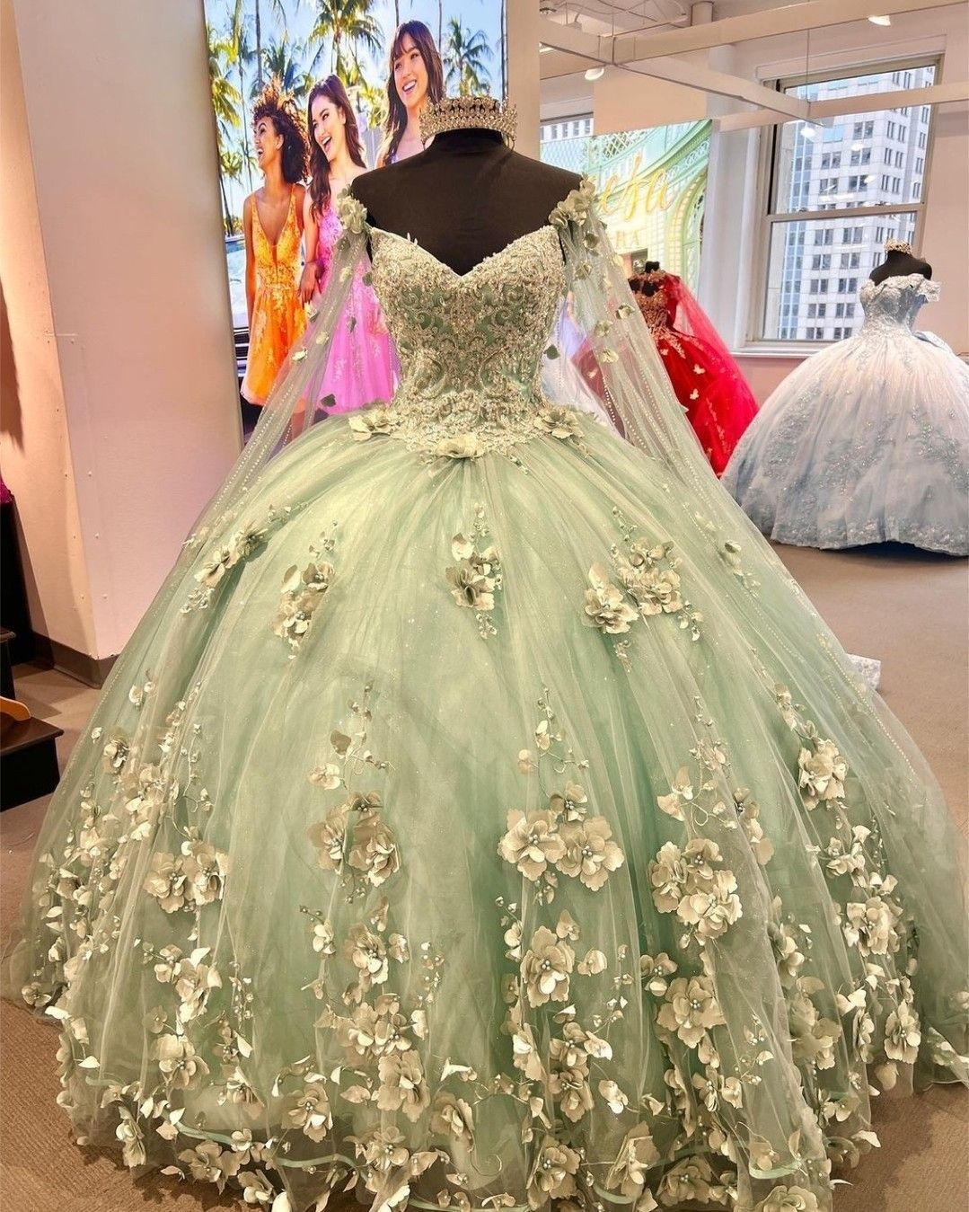 Mint Green Tulle Ball Gown with 3D Flowers,Sweet 16 Dress,Princess Dre Simplepromdress Mint Green Tulle Ball Gown with 3D Flowers,Sweet 16 Dress,Princess Dre Simplepromdress
