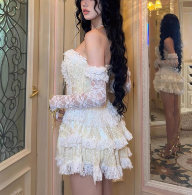 Cute Light Yellow Lace Layered Strapless A Line Birthday Outfits Formal 8th Grade Homecoming Dress Y9097