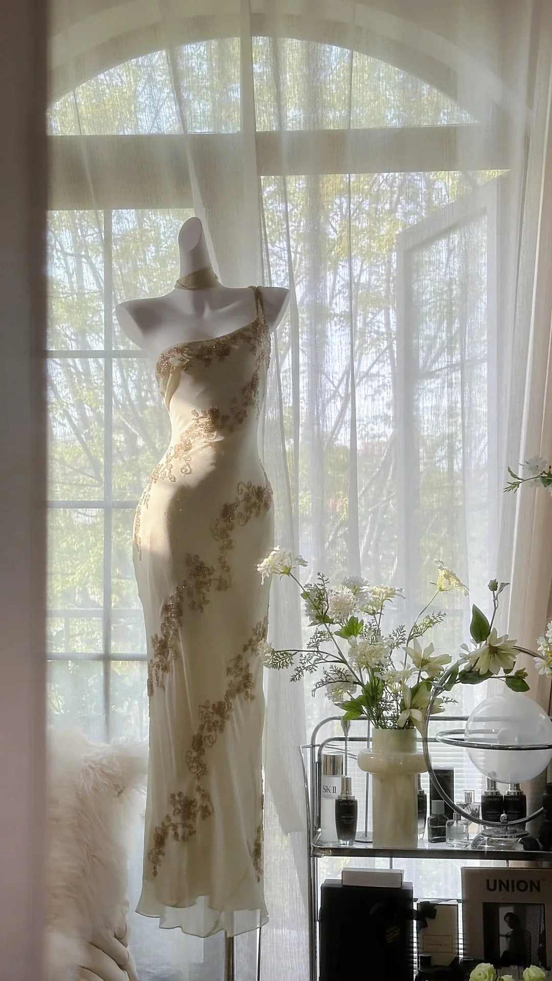 Vintage Ivory White One Shoulder Exquisite Beaded Long Chiffon Birthday Party Dress Evening Dress Prom Dress Y9794
