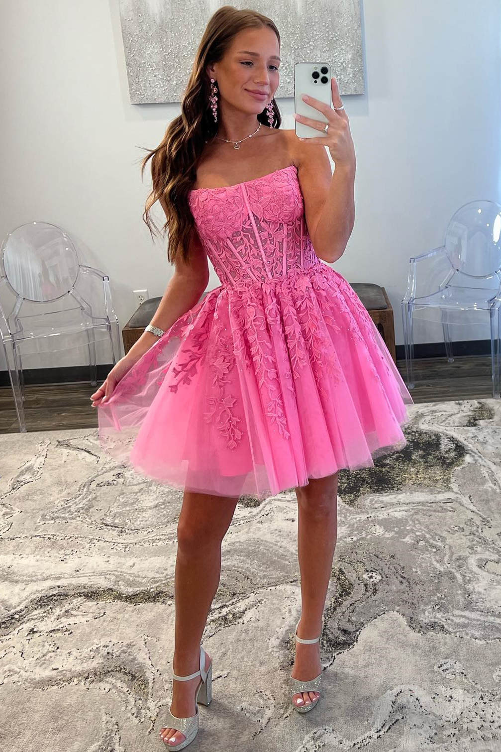 Strapless Hot Pink A-Line Short Party Dress with Appliques Y2784 Simplepromdress Strapless Hot Pink A-Line Short Party Dress with Appliques Y2784 Simplepromdress