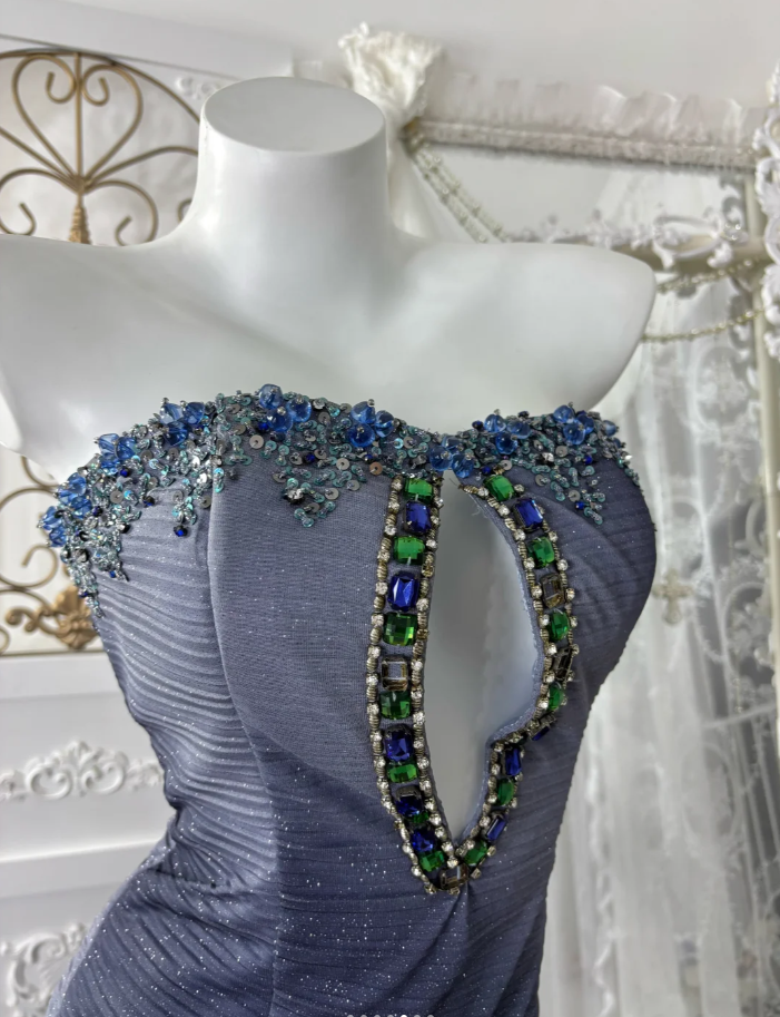 Shiny Strapless Navy Blue Tulle Sequin Beaded Mermaid Party Dress Long Wedding Guest Dress SP1442