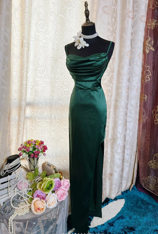 Sexy Spaghetti Straps Emerald Green Satin Sheath Long Evening Dress Formal Wedding Guest Dress SP1894