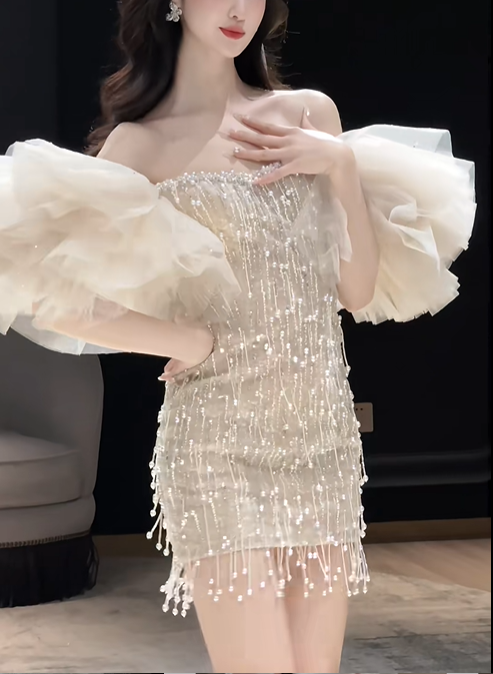 Elegant Strapless Off-White Sequin Beaded Sheath Short Graduation Homecoming Dress 18th Birthday Outfits Y9338