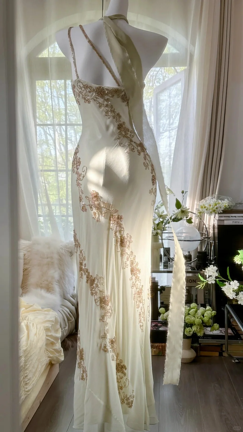 Vintage Ivory White One Shoulder Exquisite Beaded Long Chiffon Birthday Party Dress Evening Dress Prom Dress Y9794