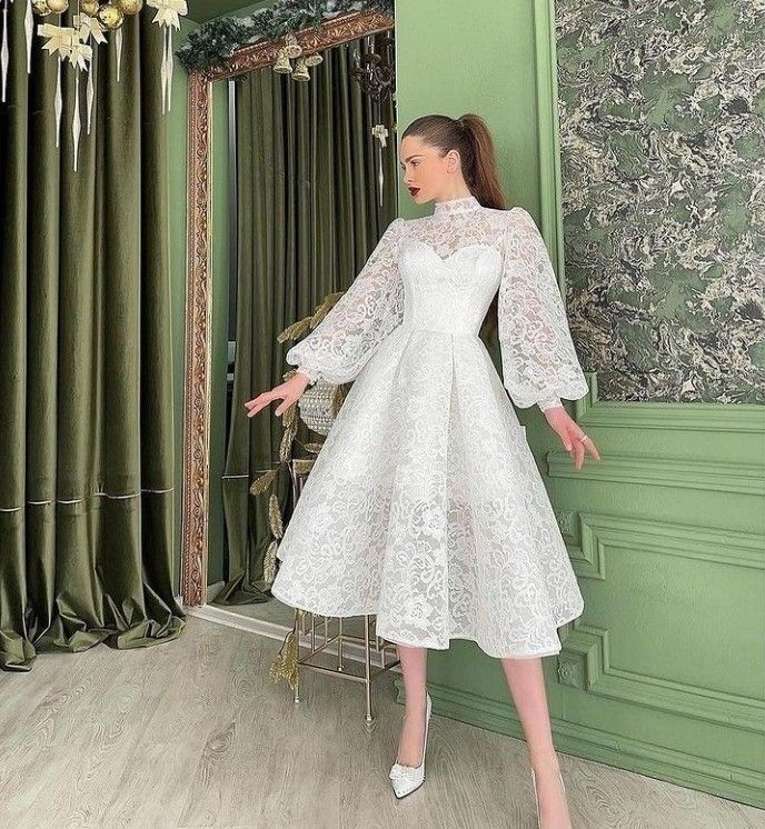 Mid Calf Wedding Dress, Women's Summer Dress White High Collar With Pu Simplepromdress Mid Calf Wedding Dress, Women's Summer Dress White High Collar With Pu Simplepromdress