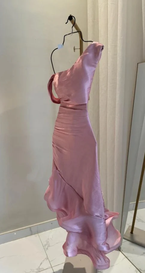 Pretty Sheath Pink Ruffles Long Prom Dresses Formal Evening Dress Y9314