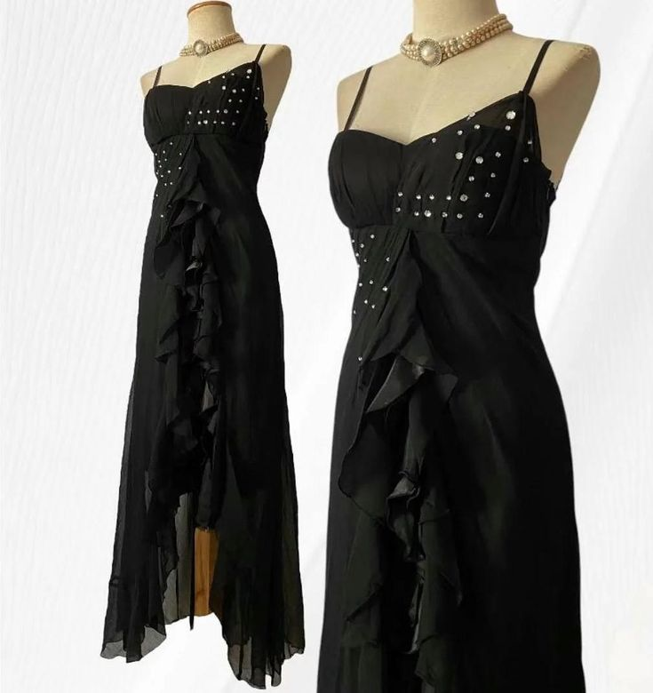 Vintage Black Spaghetti Strap Mermaid Chiffon Beaded Prom Dress Party Gown Y8781