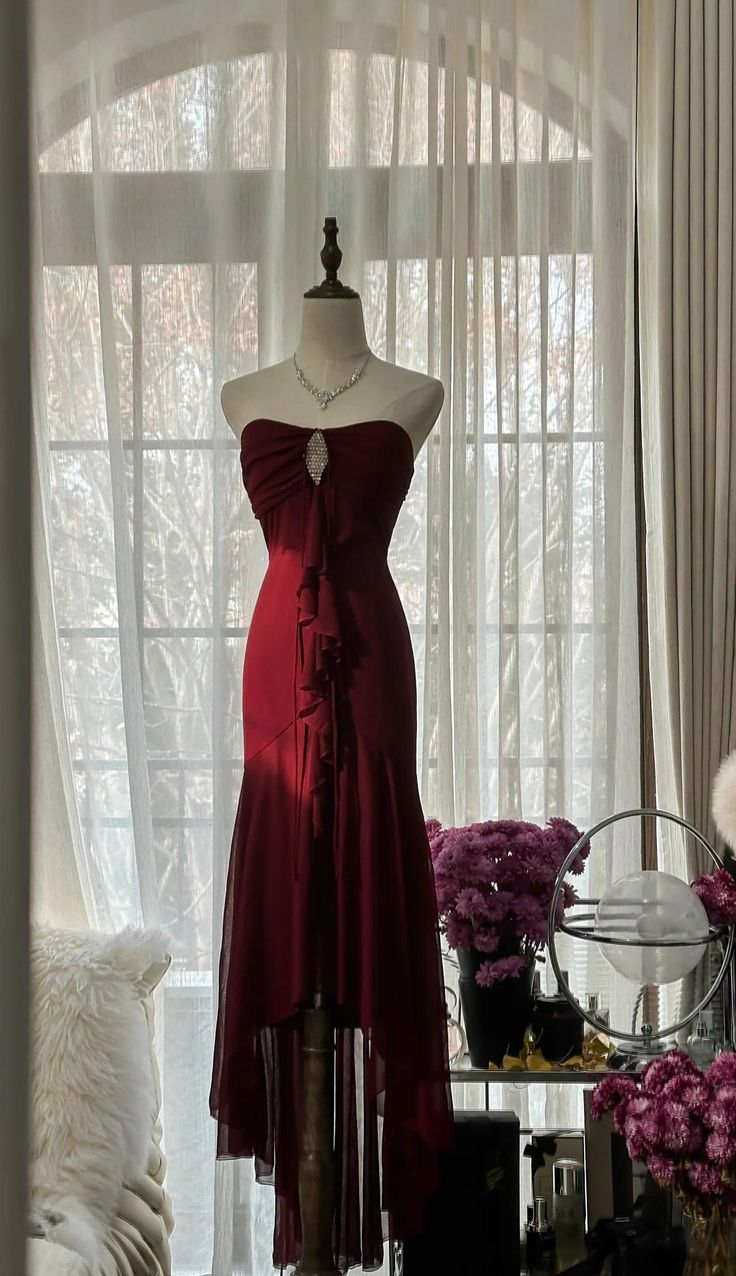 Sexy Burgundy Mermaid Chiffon Prom Dress Strapless Graduation Party Dress Y8783