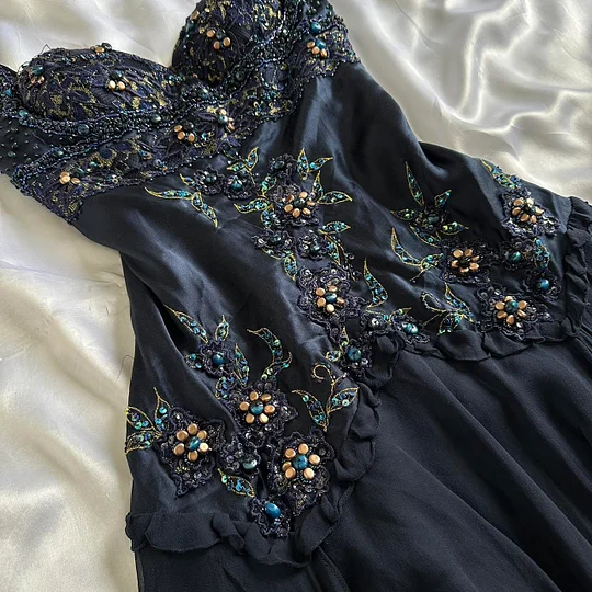 Vintage Navy Blue Satin Chiffon Beaded Graduation Homecoming Dress Mini Cocktail Dress Y9737