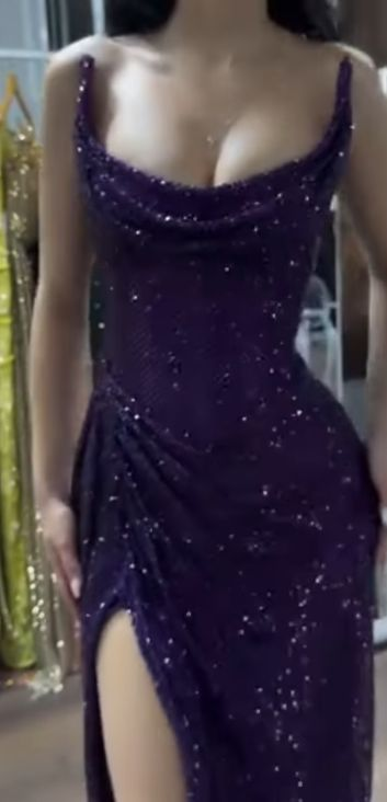 Sparkly Strapless Purple Sequin Mermaid Long Slit Party Dress Evening Dress Formal Prom Dress Y9500