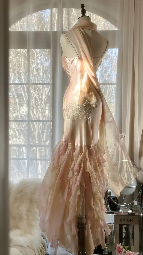 Sweet Mermaid Beaded Ruffles Long Prom Dress,Spaghetti Straps Chiffon Evening Dress Y8757