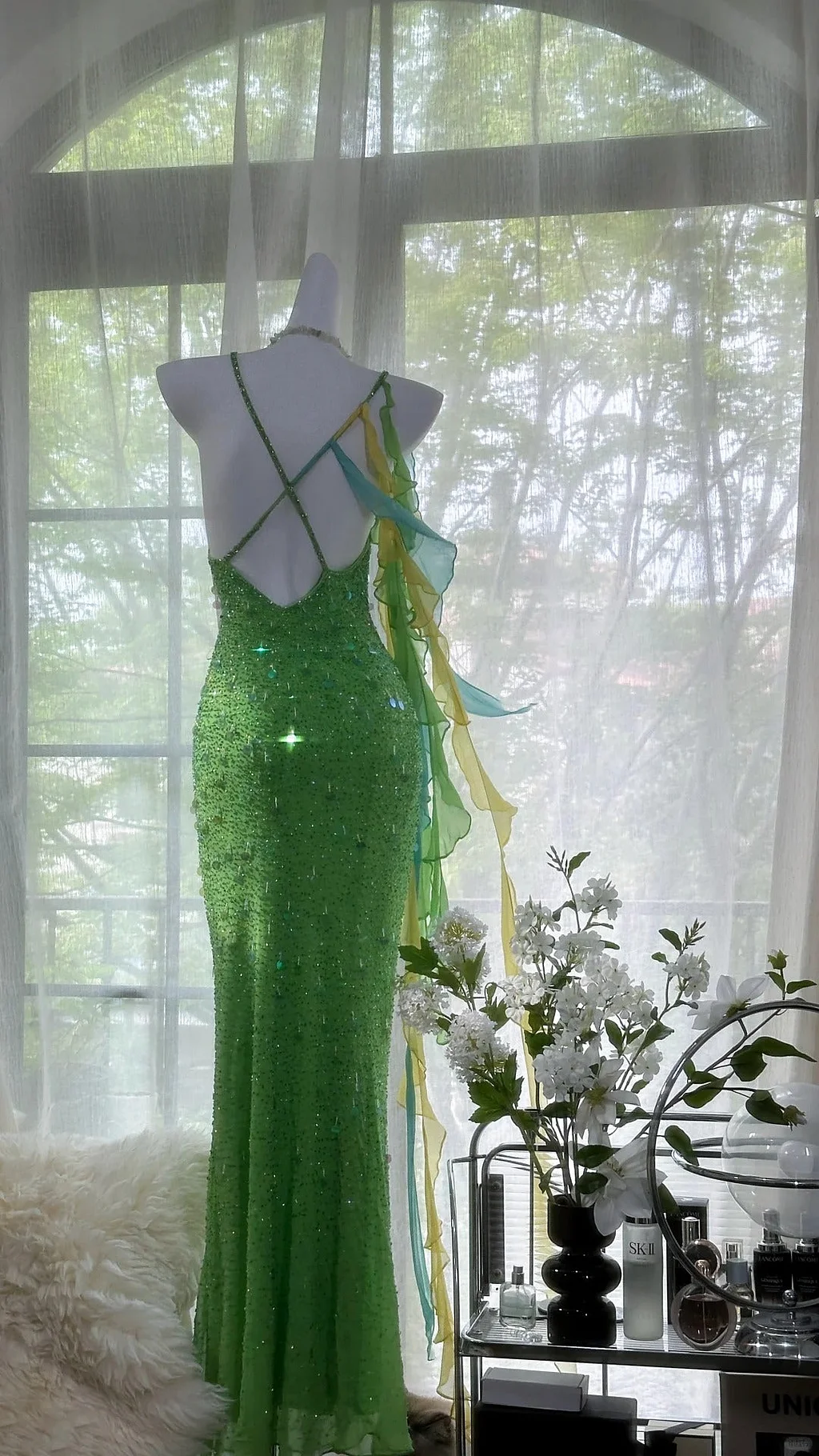 Gorgeous Spaghetti Straps Green Chiffon Sequins Evening Dress Backless Beaded Party Dress Y8708