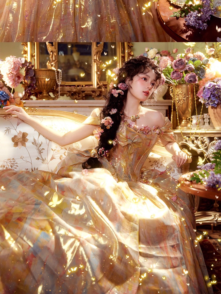 Gorgeous Gold Off The Shoulder Print Floral Long Party Dress Formal Prom Dress Y9365