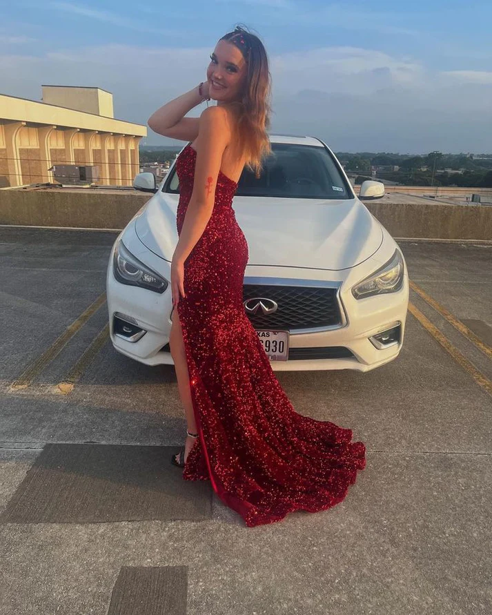 Classic Red Strapless Sequins Prom Dress With Split Y5231