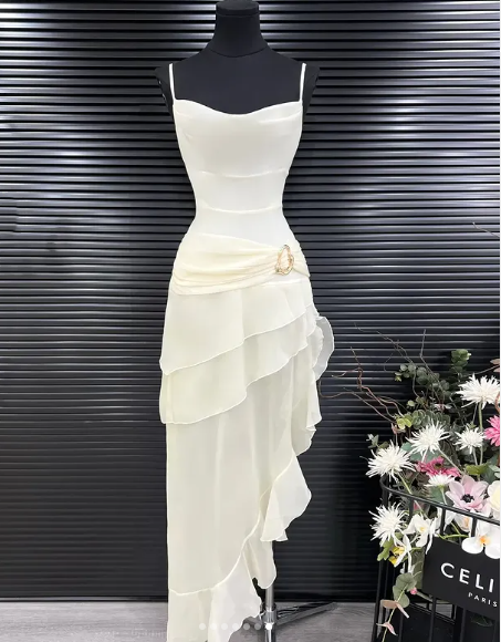 Elegant White Chiffon Mermaid Evening Dress Long Layered Prom Dress Y7716