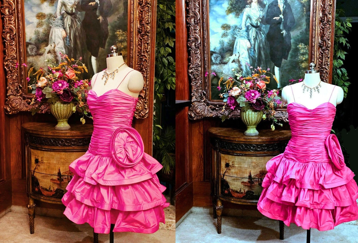 Vintage Hot Pink Tiered Ruched Cocktail Dress Formal Graduation Homecoming Dress Y9841