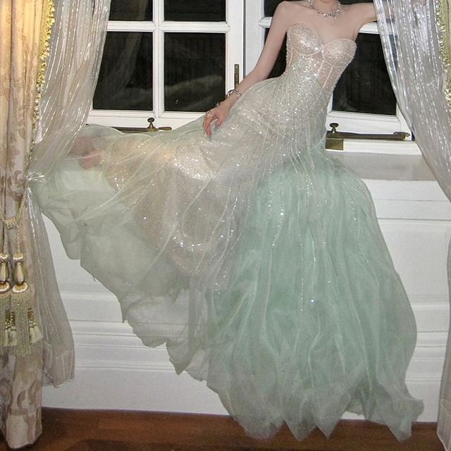Gorgeous Strapless A Line Birthday Party Dress,Light Green Tulle Sequins Evening Dress Y8713