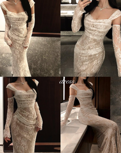 Classy White Lace Pleated Mermaid Long Wedding Guest Dress Formal Birthday Party Dress SP1091