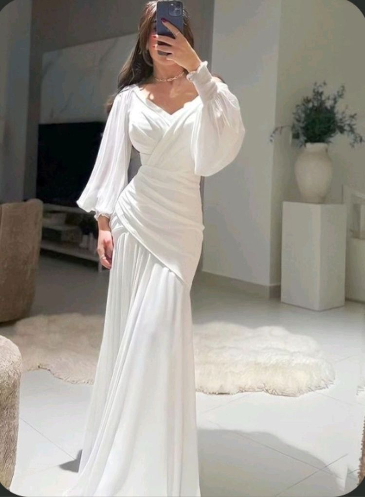 Modest White Mermaid Long Evening Dress with Puff Sleeves Y4074 Simplepromdress Modest White Mermaid Long Evening Dress with Puff Sleeves Y4074 Simplepromdress