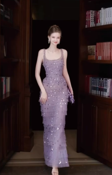 Sparkly Lilac Sequins Evening Dress,Long Tulle Layered Prom Dress Y8763
