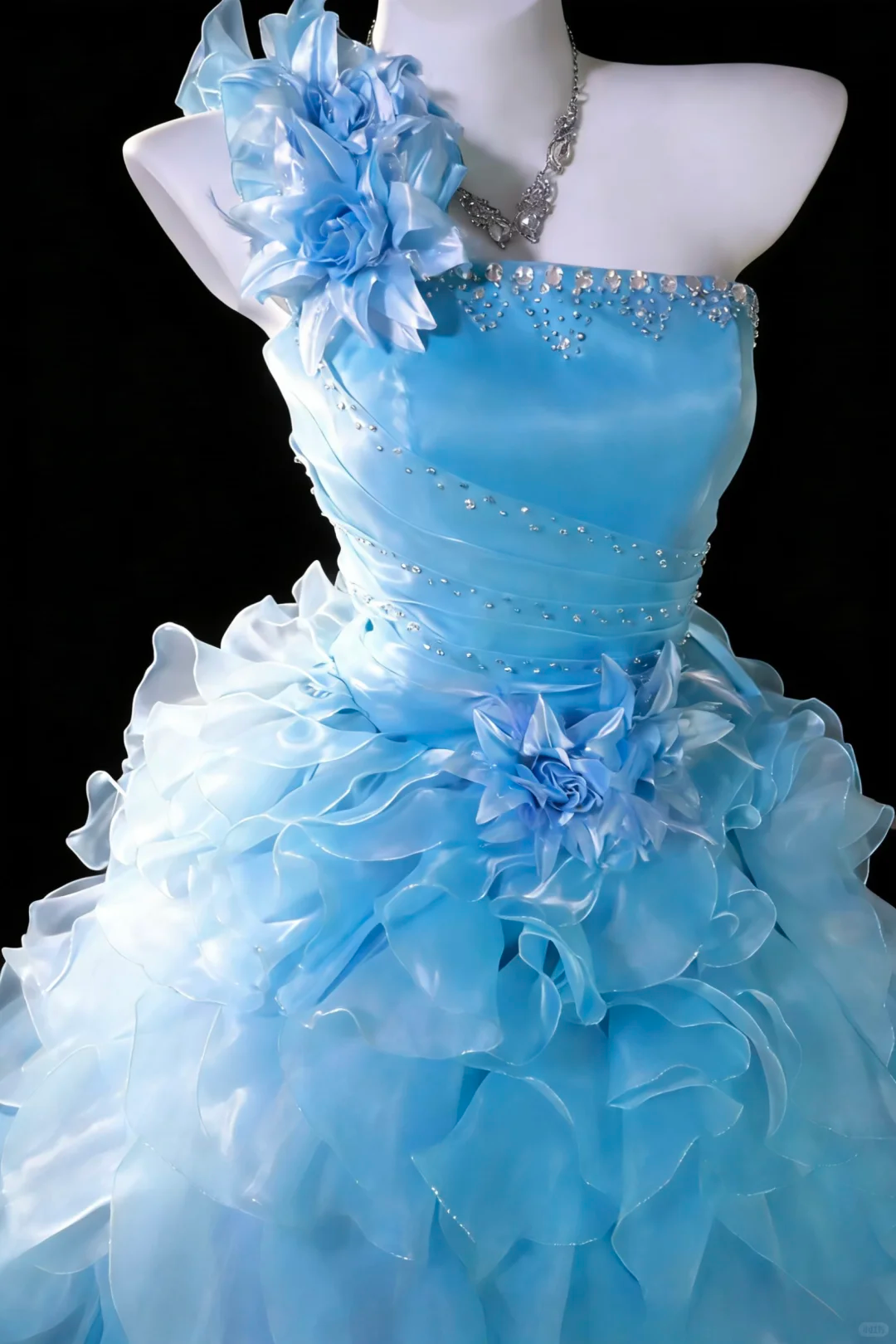 Charming Ball Gown One Shoulder Blue Beaded Tulle Ruffles Birthday Party Dress Prom Dress SP2032