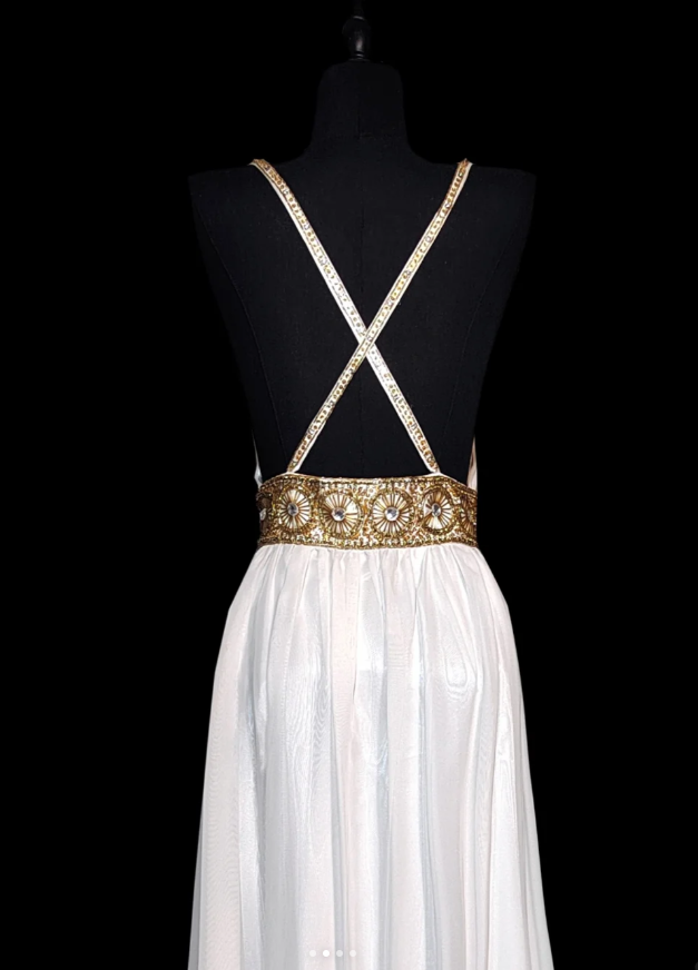 Classy Spaghetti Straps White Chiffon Beaded Evening Dress Backless Prom Gown SP477