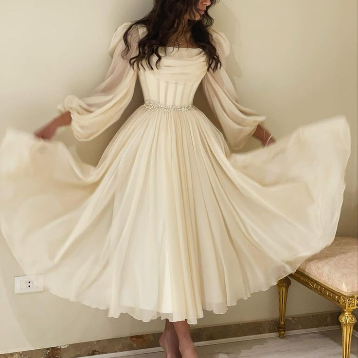 Beige Short Midi Arabic Evening Dress with Belt Long Sleeve Tea Length Simplepromdress Beige Short Midi Arabic Evening Dress with Belt Long Sleeve Tea Length Simplepromdress