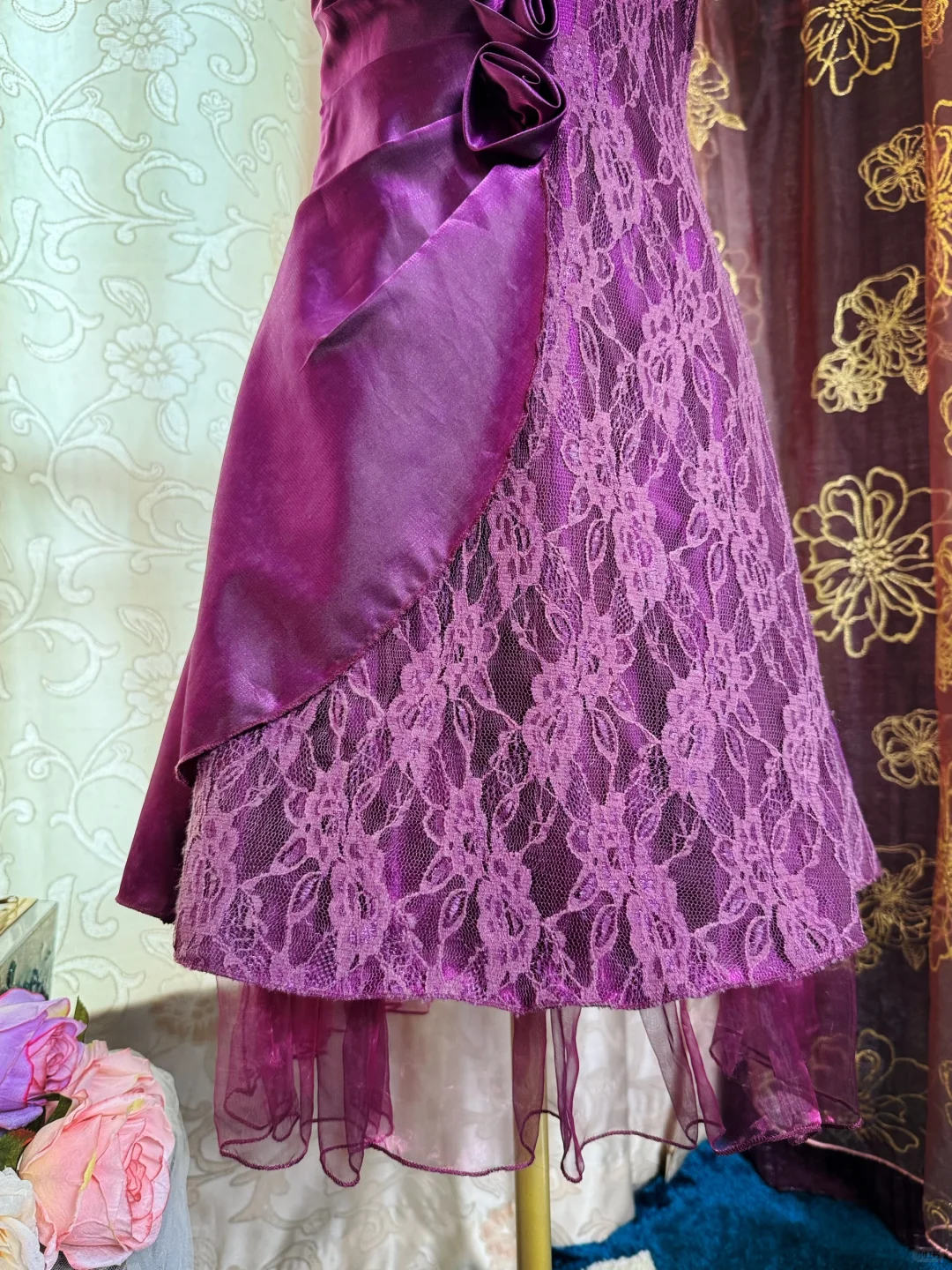 Vintage Spaghetti Straps Purple Satin Lace Short Homecoming Dress Birthday Dress SP85