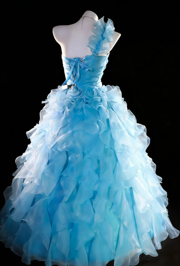 Fairy Blue Ball Gown One Shoulder Tulle Beaded Ruffles Long Birthday Evening Dress Prom Gown SP1836