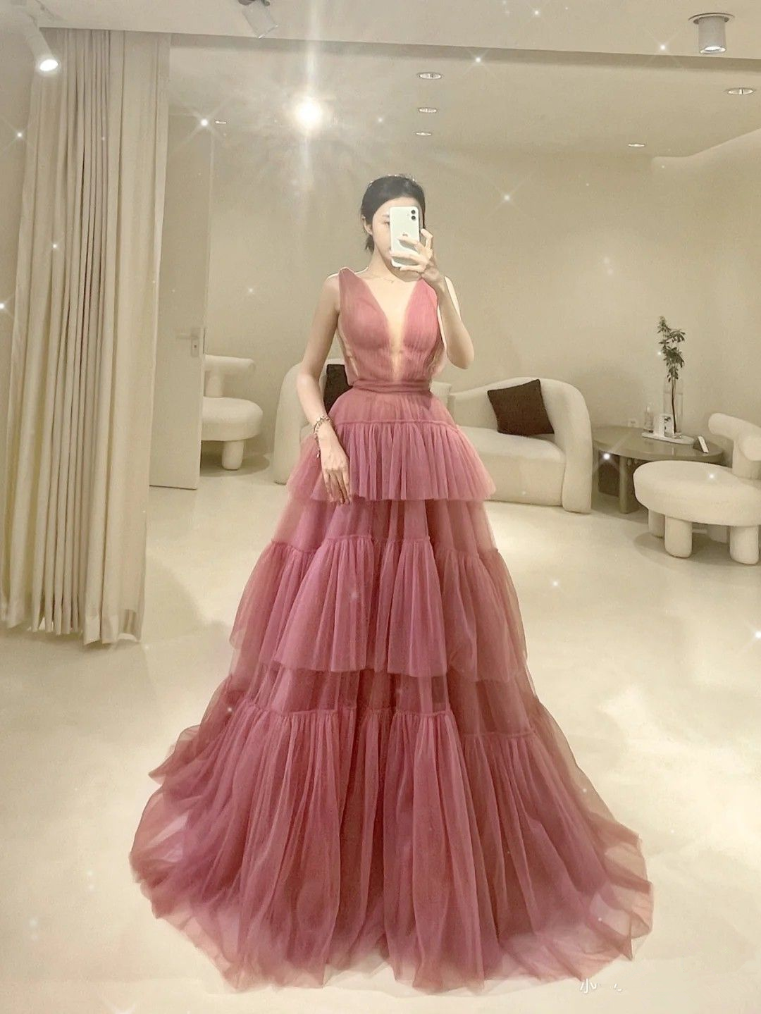 V Neck Tiered Sleeveless Tulle Prom Dress, Gorgeous Long Party Dress Y4988