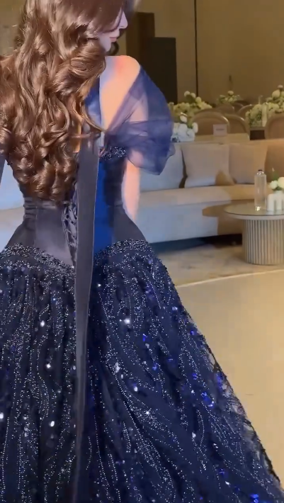 Gorgeous Navy Blue Satin Tulle Sequin Beaded Ball Gown Formal Party Dress With Scarf SP576