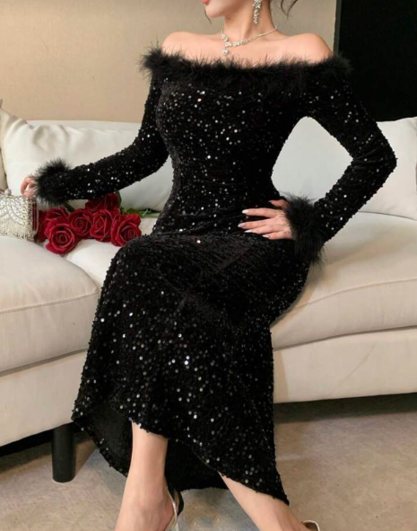 Shiny Off The Shoulder Black Sequin Feather Mermaid Prom Dress Long Evening Gown SP1016