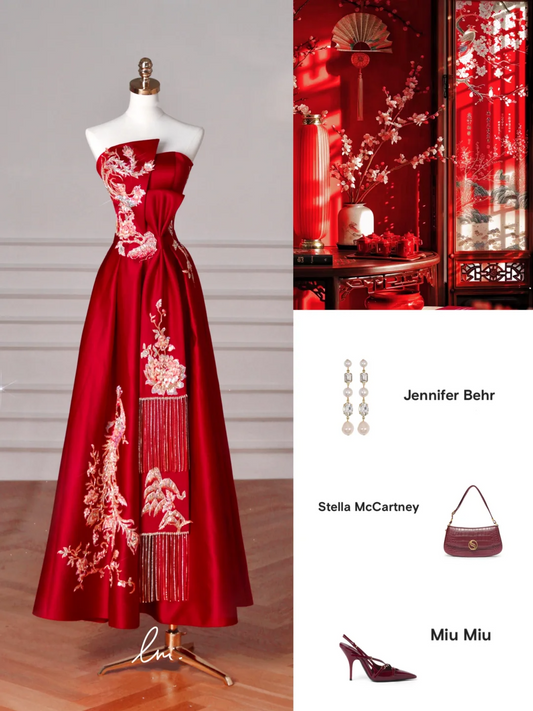 Gorgeous Red Satin Sequin Embroidery A Line Prom Dress,Strapless Evening Dress Y8631