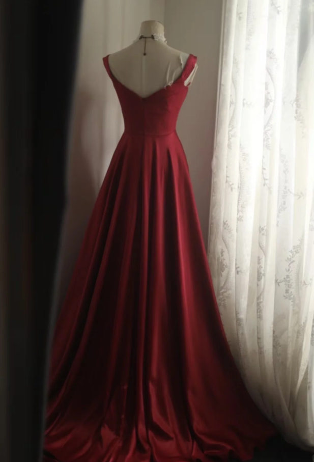 Fashion V Neck Burgundy Satin Mermaid Slit Evening Dress Formal Prom Gown SP669