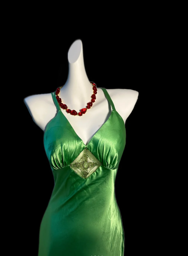 Fashion V Neck Spaghetti Straps Green Satin Mermaid Party Dress Long Wedding Guest Dress SP421