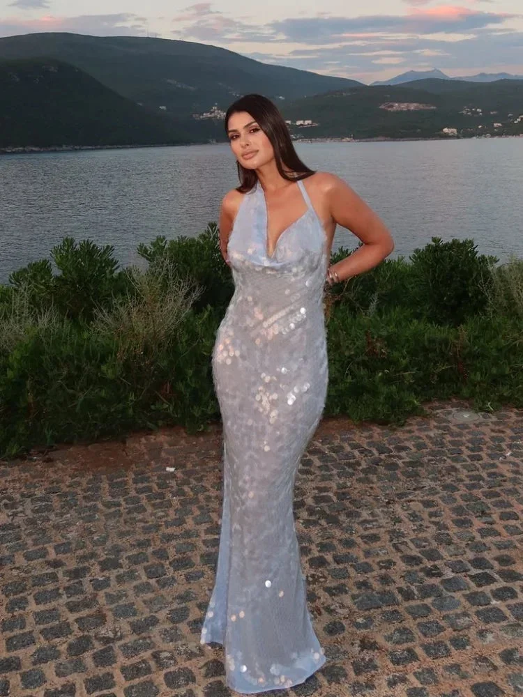 Elegant Light Blue Sequin Sheath Mermaid Evening Dress Halter Party Dress Y8712