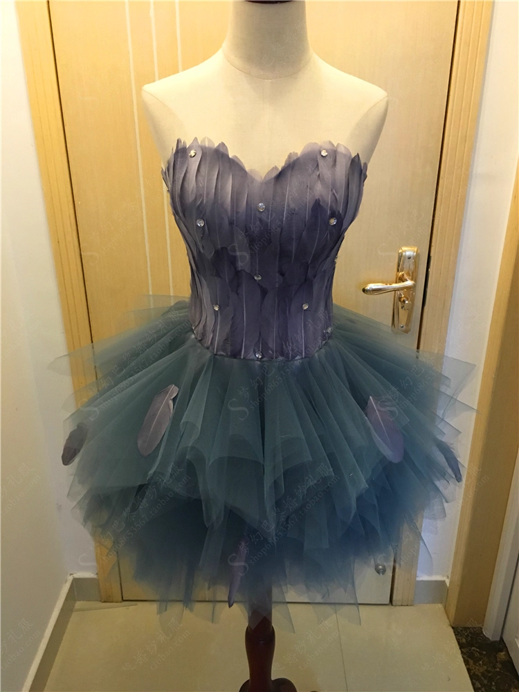 Vintage Strapless Blue Tulle Feathers A Line Short 20th Birthday Outfits Formal Homecoming Dress Y9561