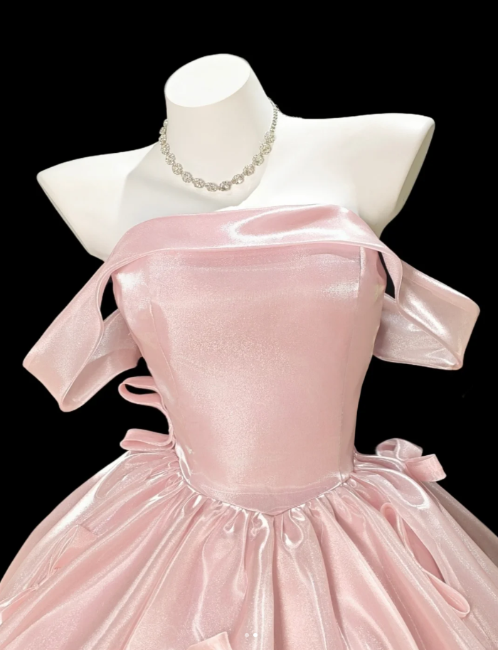 Cute Pink Off The Shoulder Satin Bow A Line Short Homecoming Dress Birthday Outfits SP1928