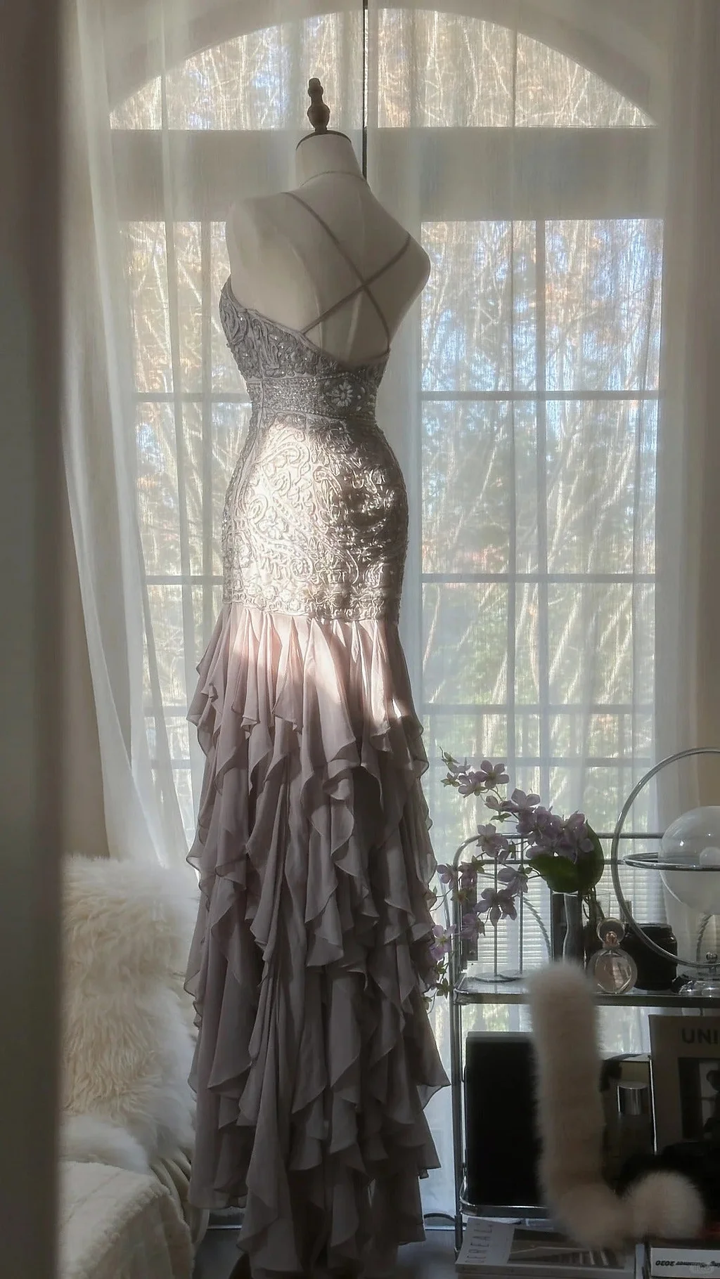 Purple Romantic Beaded Lace Long Chiffon Ruffles Evening Gown Formal Prom Dress Birthday Party Dress Y9791