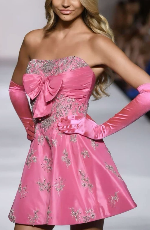 Elegant Hot Pink Satin Sequin Beaded Homecoming Dress Strapless Cocktail Dress With Gloves Y8949