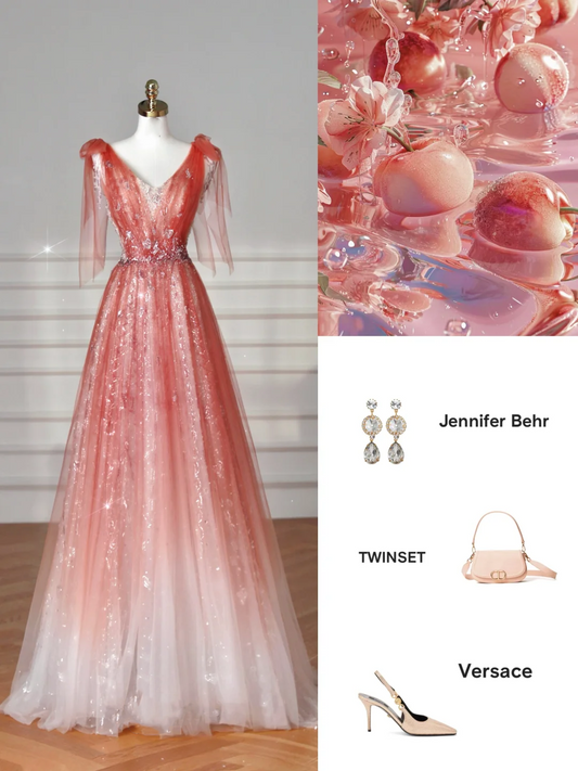Elegant V Neck Tulle Sequins Prom Dress,Strawberry Pink A Line Long Evening Dress Y8614
