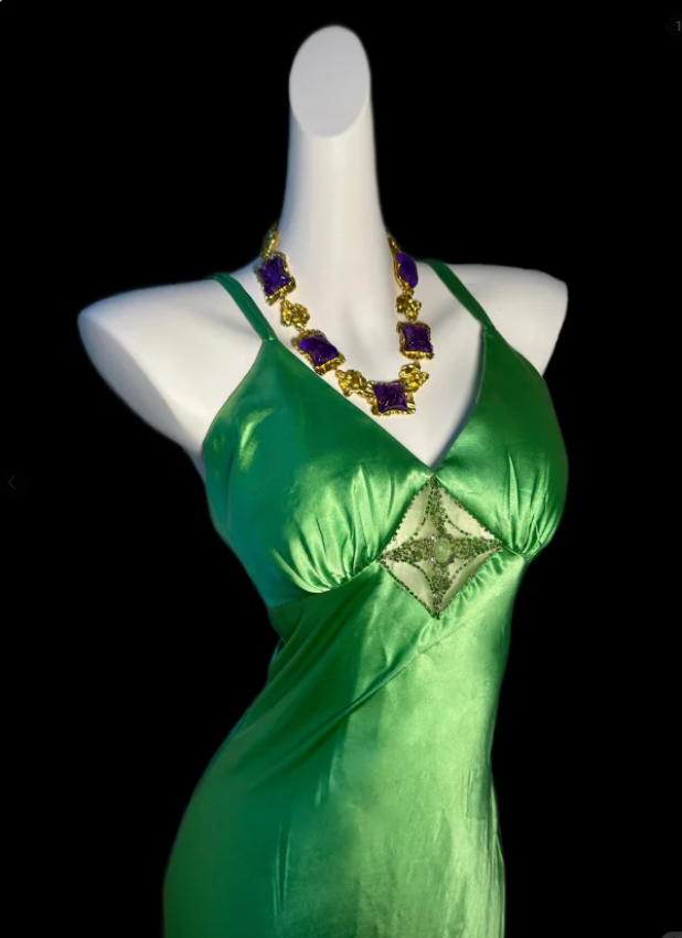 Fashion V Neck Spaghetti Straps Green Satin Mermaid Party Dress Long Wedding Guest Dress SP421