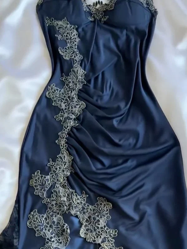 Vintage Navy Blue Satin Lace Appliques Mermaid Evening Dress Prom Dress Y8497