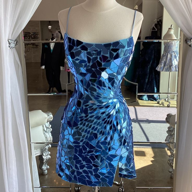 Luxurious Blue Spaghetti Strap Sequin Sheath Short Graduation Homecoming Dress Cocktail Dress Y9132