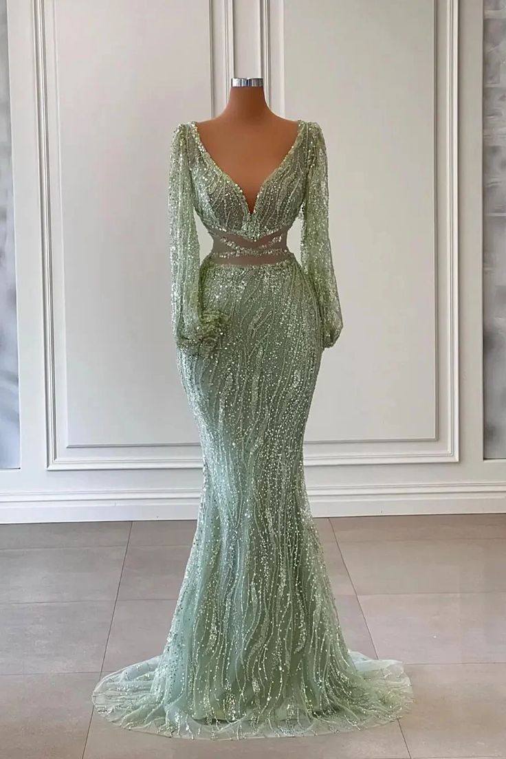 Light Green Long Sleeves V-Neck Mermaid Evening Dress With Sequins Bea Simplepromdress Light Green Long Sleeves V-Neck Mermaid Evening Dress With Sequins Bea Simplepromdress