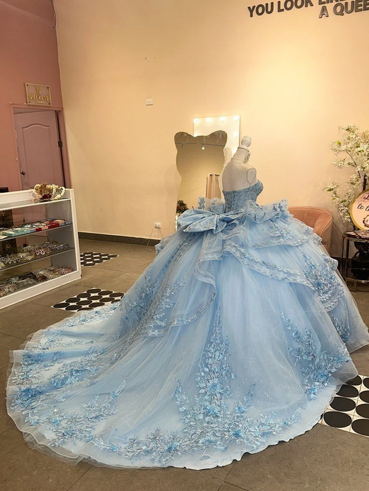 Charming Sweetheart Neck Light Blue Tulle Appliques Beaded Birthday Quinceanera Dress Sweet 16 Dress SP4288