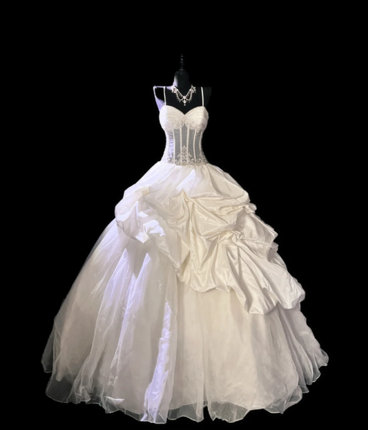 Classy Spaghetti Straps White Tulle Appliques Satin Pleated Formal Wedding Dress Long Bridal Dress Y9853