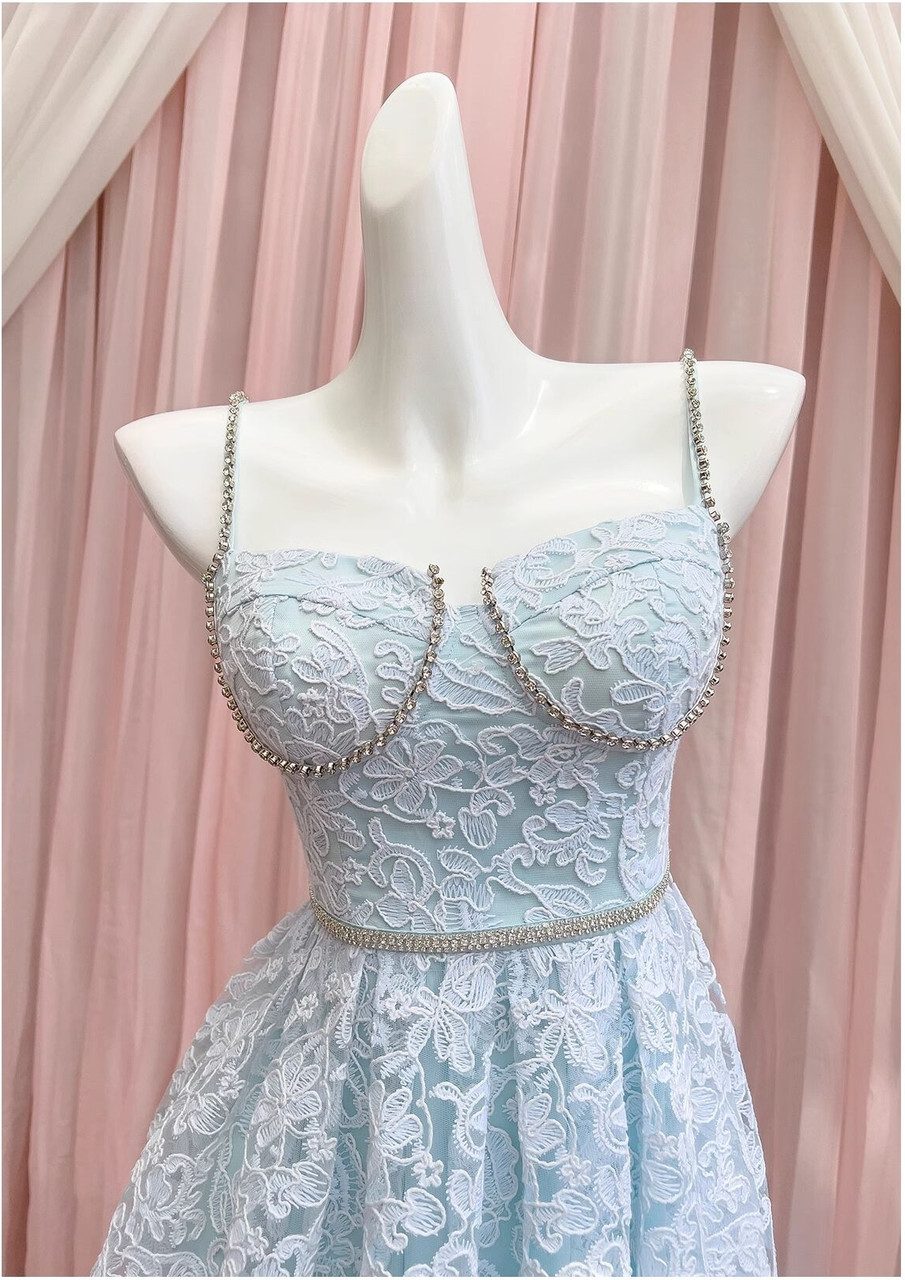 Cute Blue Lace Spaghetti Straps Beaded Homecoming Dress Mini Birthday Party Gown Y8824